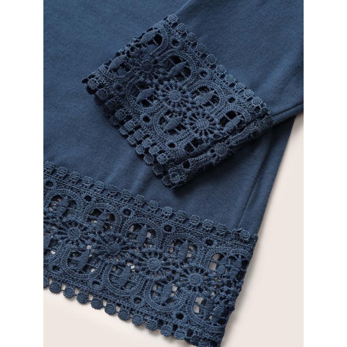 Plus Size Plain Lace Patchwork Lapel Collar Drawstring T-shirt Indigo Women Casual Plain Plain Lapel Collar Dailywear T-shirts BloomChic 10/M Product Image