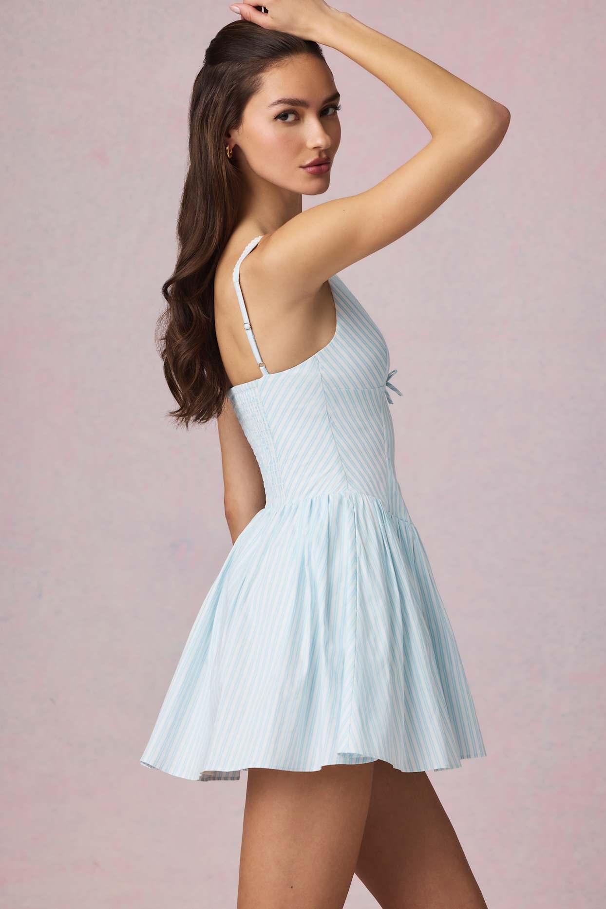 Bow-Detail A-Line Mini Dress in Powder Blue Stripe Product Image
