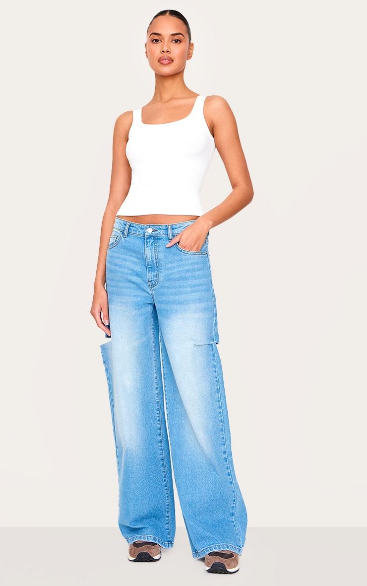 Mid Blue Wash Thigh Split Wide Leg Jeans Product Image