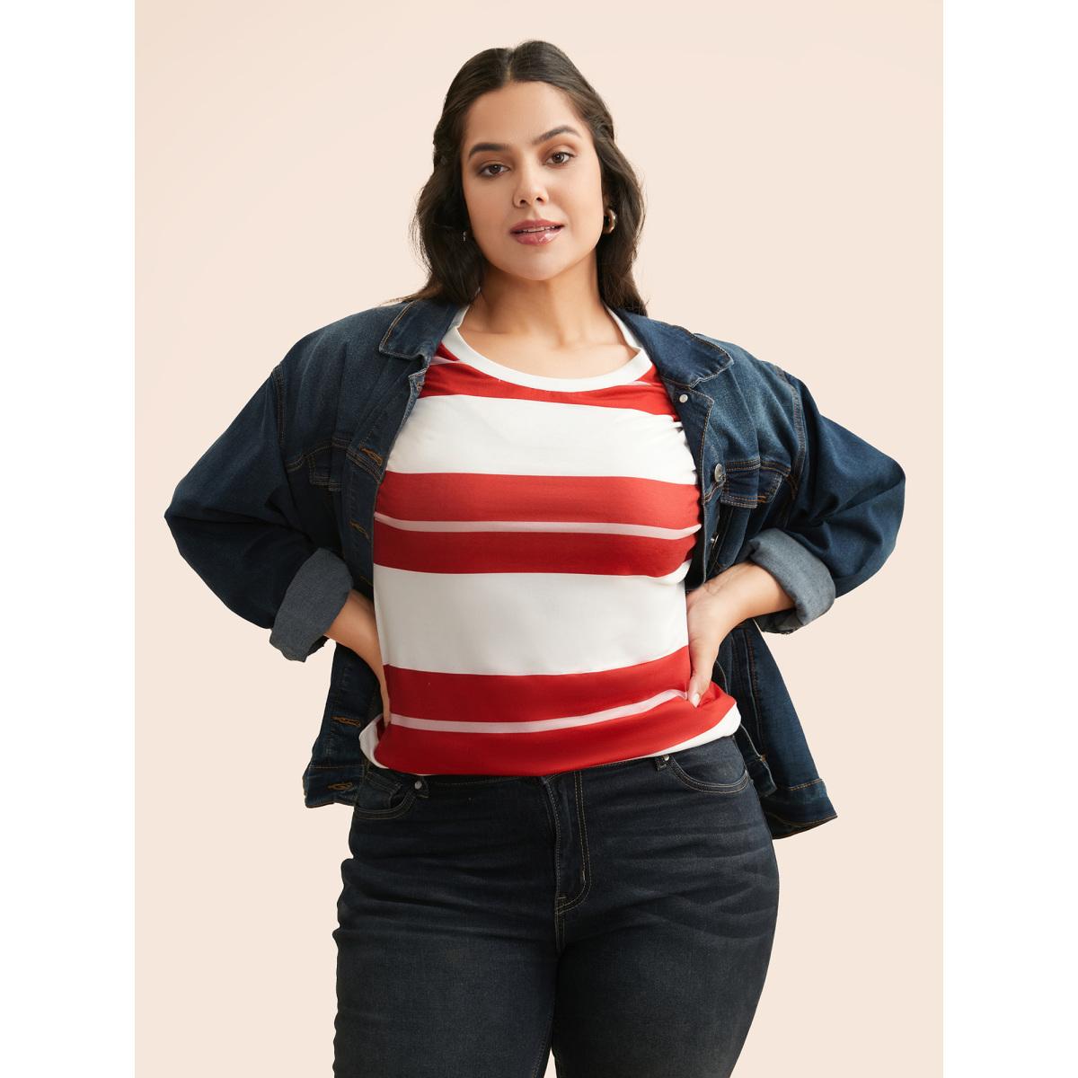 Plus Size Crew Neck Contrast Striped T-shirt Multicolor Women Casual Contrast Round Neck Everyday T-shirts BloomChic 22-24/3X Product Image