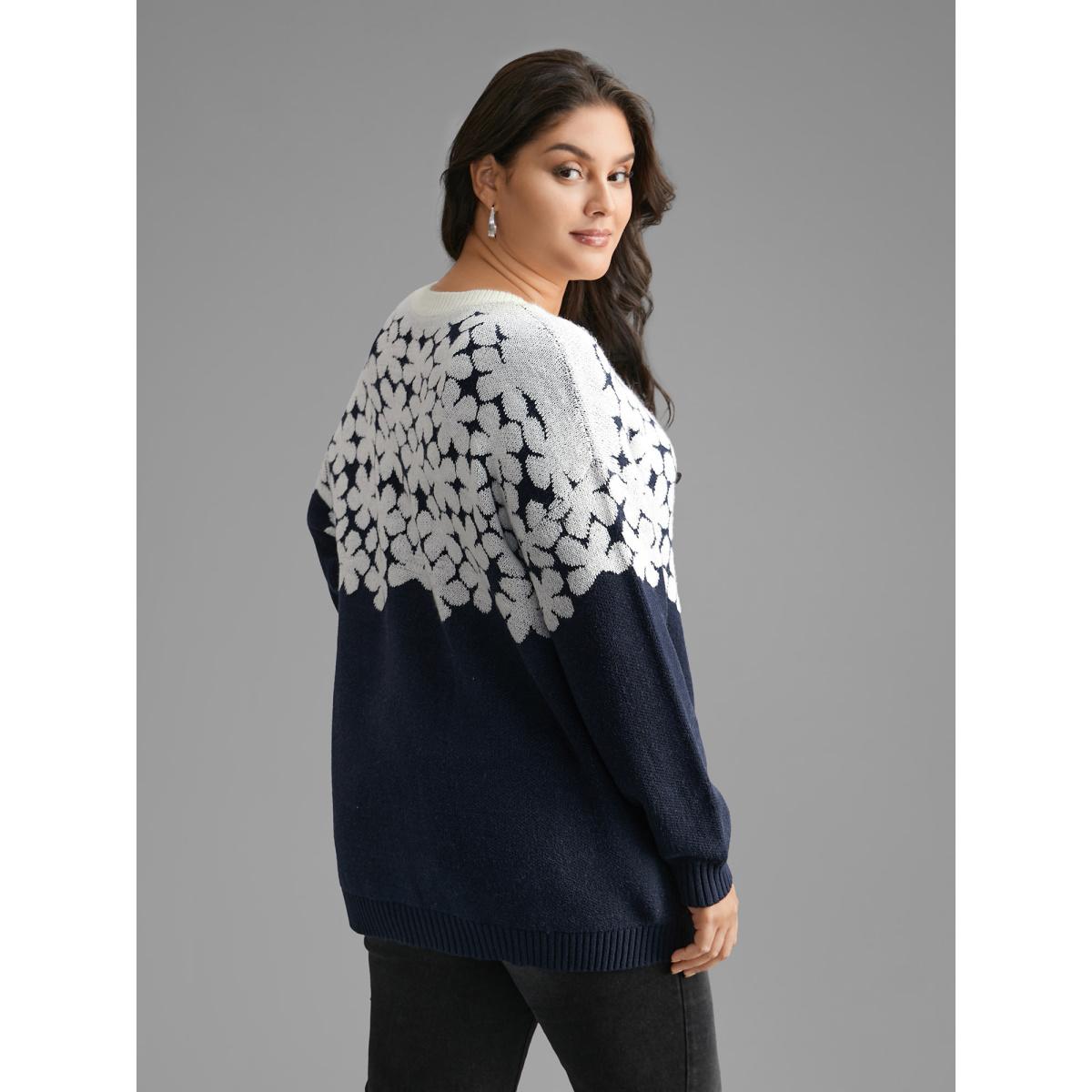Plus Size Floral Contrast Patchwork Drop Shoulder Pullover Indigo Women Casual Loose Long Sleeve Round Neck Everyday Pullovers BloomChic 22-24/3X Product Image