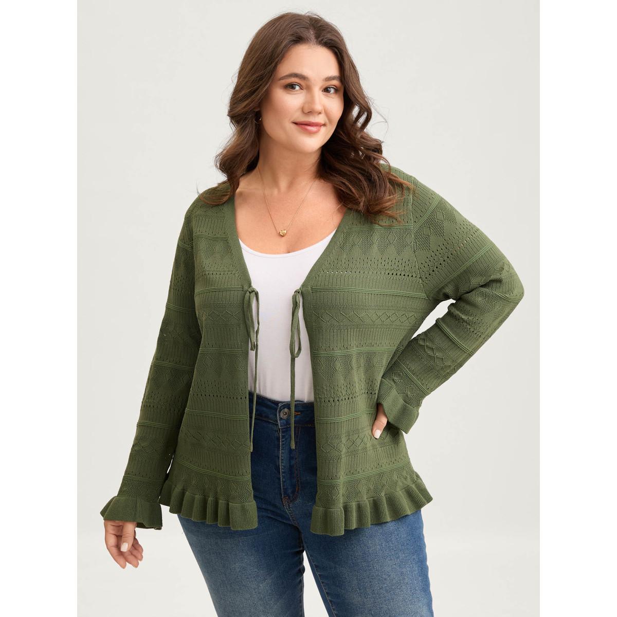Plus Size Ruffled Hem Front Tie Textured Lightweight Cardigan ArmyGreen Women Timeless Loose Long Sleeve Elegant Cardigans BloomChic 28/5X Product Image