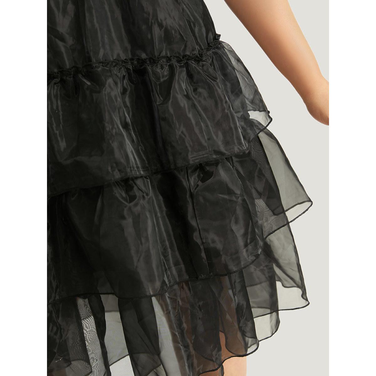 Plus Size Halloween Solid Mesh Layered Ruffle Wednesday Dress Black Women Glamour See through Shirt collar Sleeveless Curvy Midi Dress BloomChic 10/M Product Image