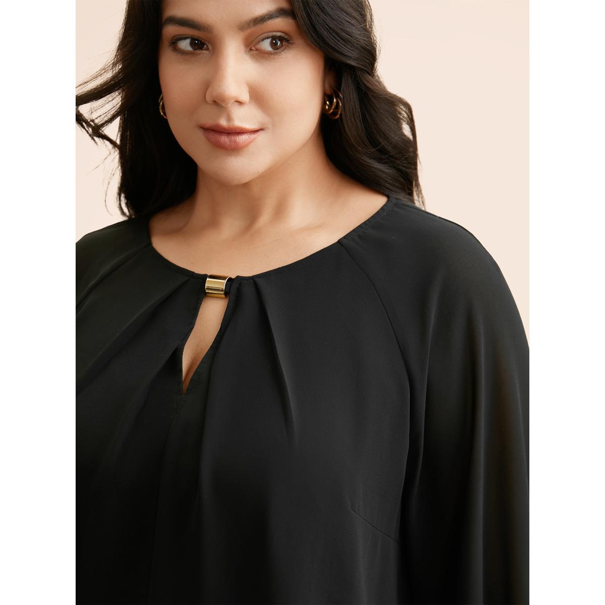 Plus Size Black Keyhole Metal Detail Gathered Blouse Women Elegant Long Sleeve Asymmetrical Neck Everyday Blouses BloomChic 18-20/2X Product Image