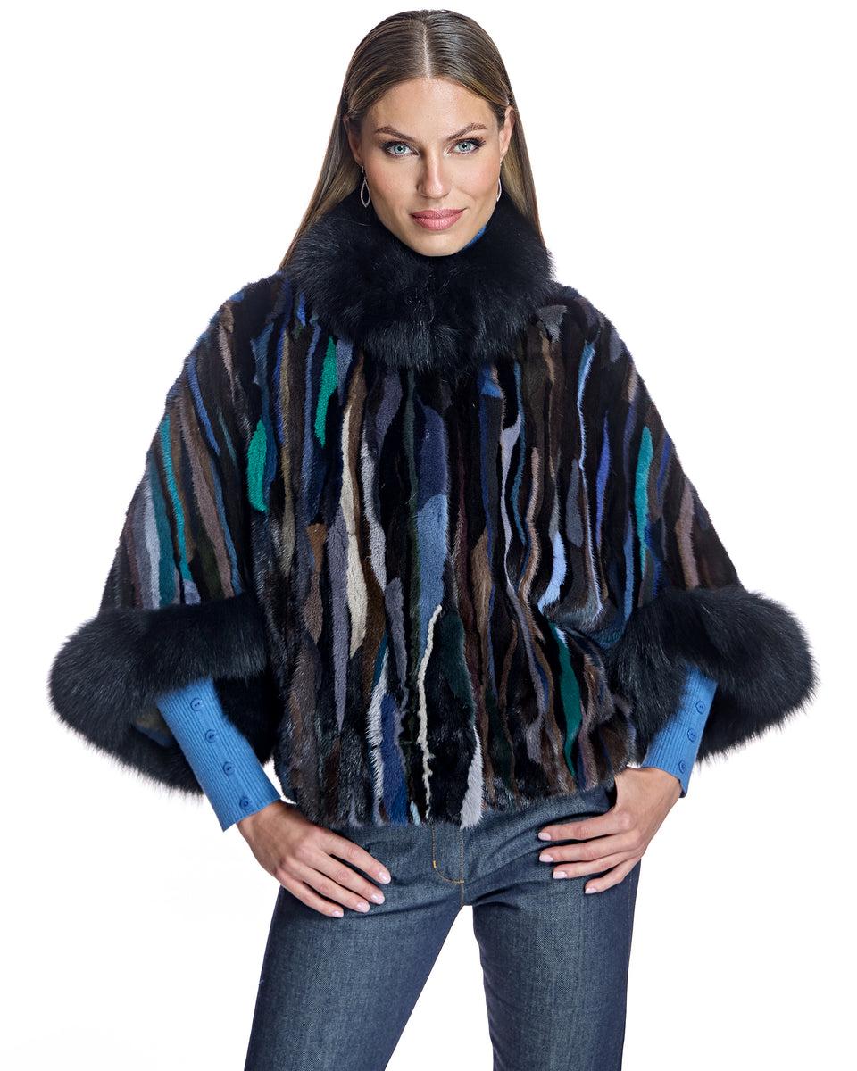 Semi Sheared Mink Section Cape with Fox Trim Product Image
