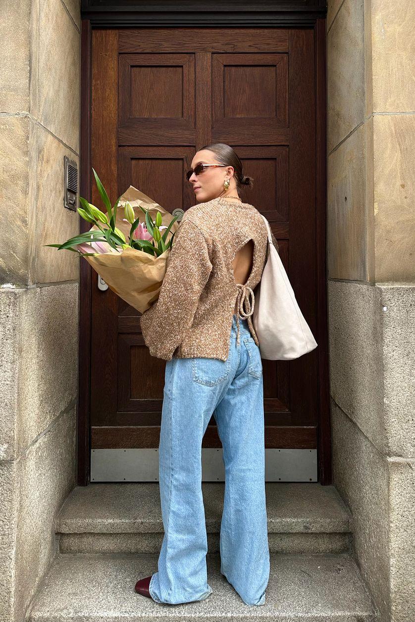 Knitted Open Back Balloon Sleeve Sweater Product Image