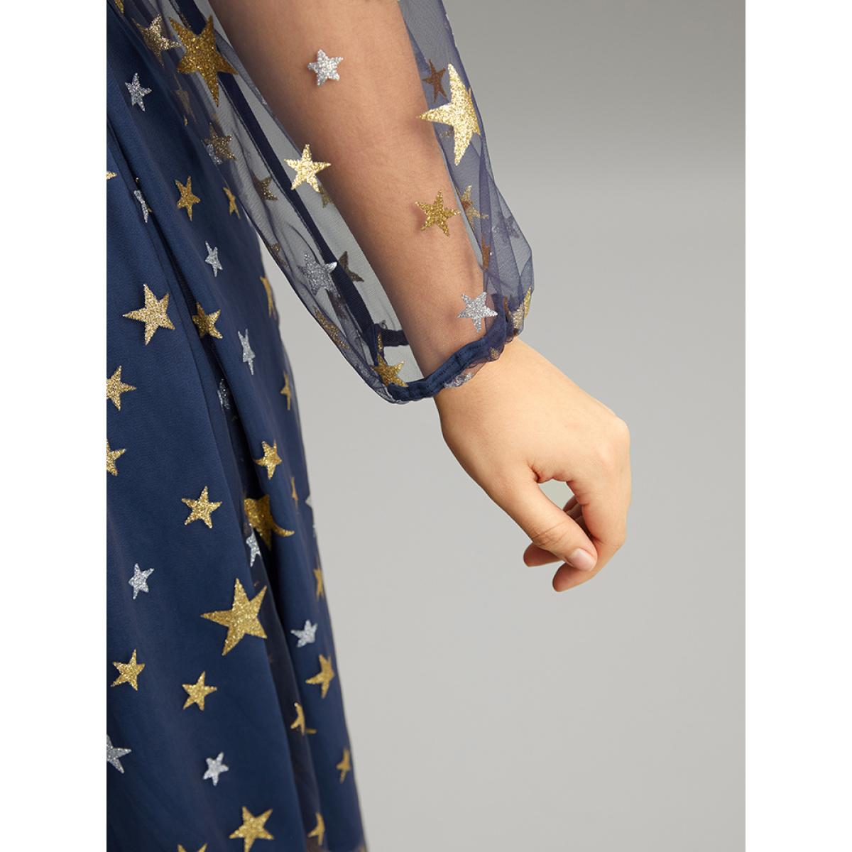 Plus Size Glitter Star Mesh Crew Neck Dress DarkBlue Women Cocktail Elastic cuffs Round Neck Long Sleeve Curvy Midi Dress BloomChic 18-20/2X Product Image