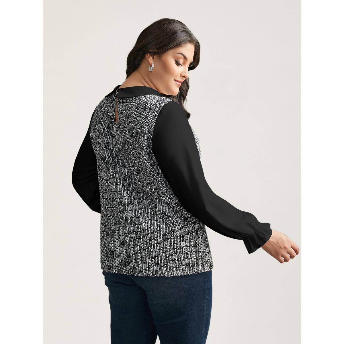 Plus Size Multicolor Tweed Patchwork Lantern Sleeve Blouse Women At the Office Long Sleeve Shirt collar Work Blouses BloomChic 30/6X Product Image