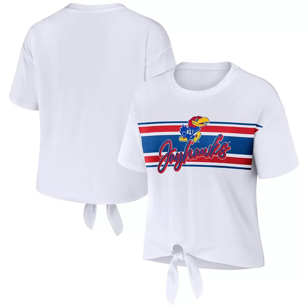 Women's WEAR by Erin Andrews White Kansas Jayhawks Striped Front Knot Cropped T-Shirt,  Product Image