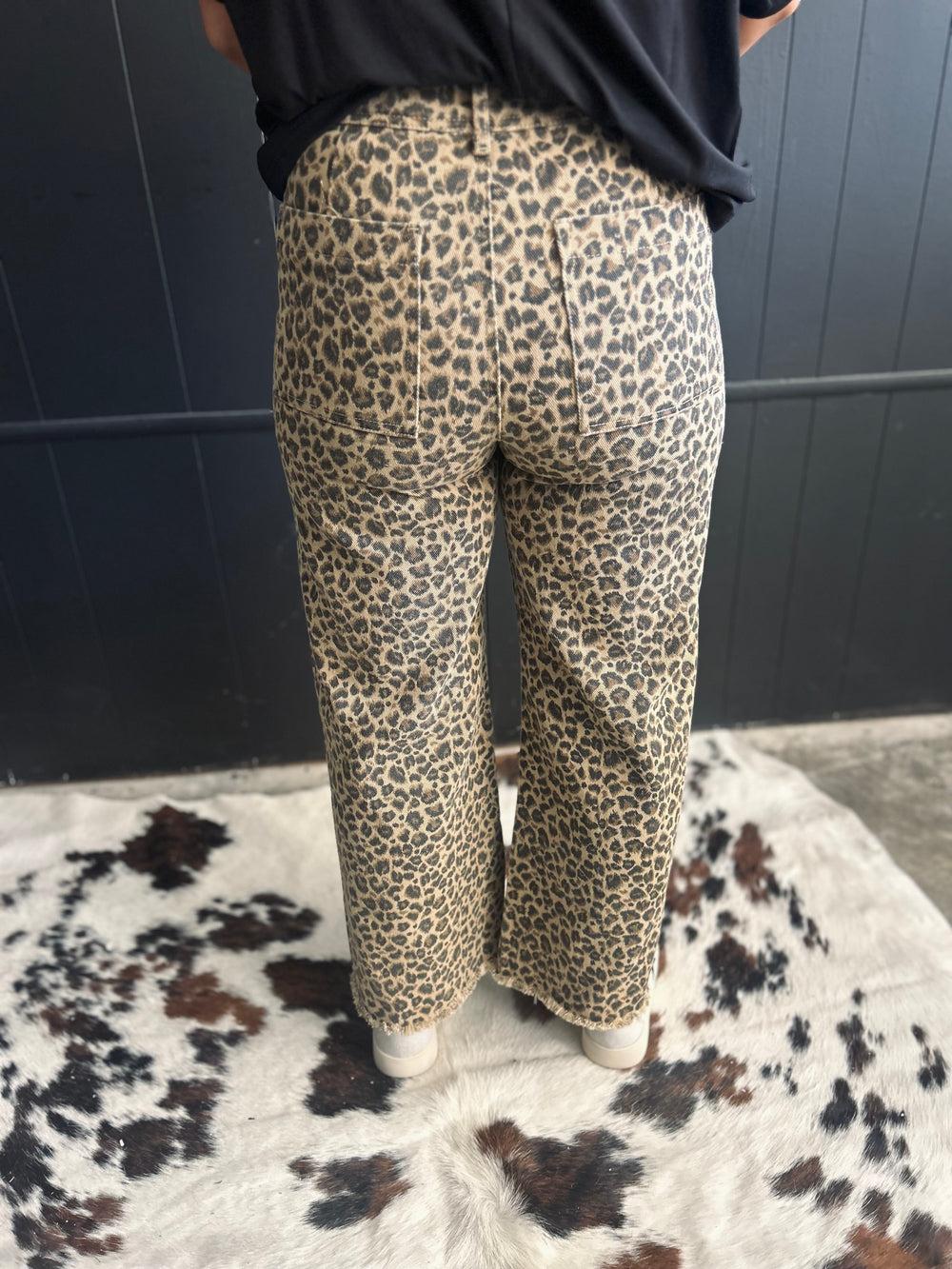 High Rise Leopard Twill Frayed Hem Wide Leg Pants Product Image