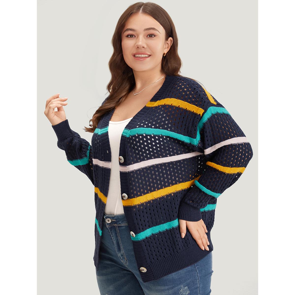 Plus Size Contrast Striped Button Through Hollow Out Cardigan Indigo Women Casual Loose Long Sleeve Everyday Cardigans BloomChic 22-24/3X Product Image