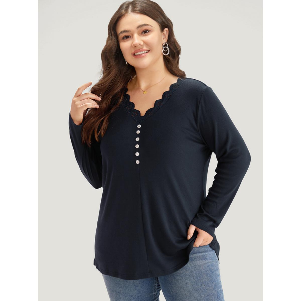 Plus Size Guipure Lace Patchwork V Neck Button Detail T-shirt Indigo Women Elegant Printed Plain V-neck Dailywear T-shirts BloomChic 18-20/2X Product Image