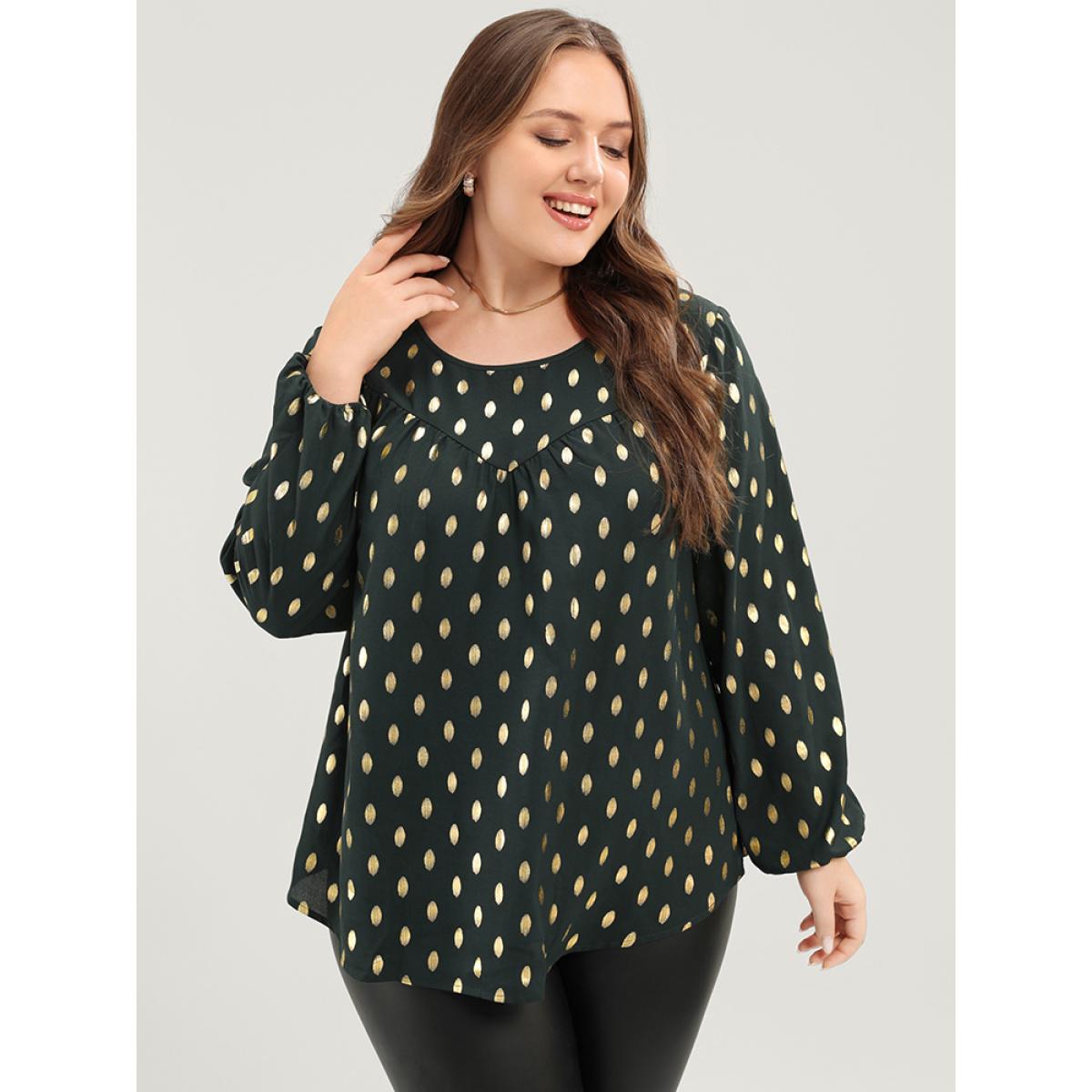 Plus Size DarkGreen Polka Dot Round Neck Lantern Sleeve Blouse Women Party Long Sleeve Round Neck Going out Blouses BloomChic 18-20/2X Product Image