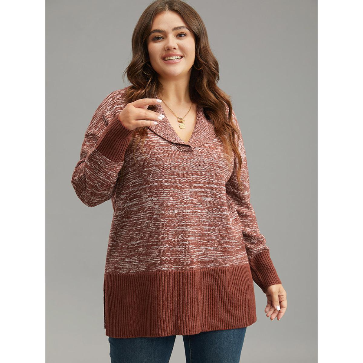 Plus Size Heather Lapel Collar Contrast Patchwork Pullover Rust Women Casual Loose Long Sleeve Lapel Collar Dailywear Pullovers BloomChic 10/M Product Image