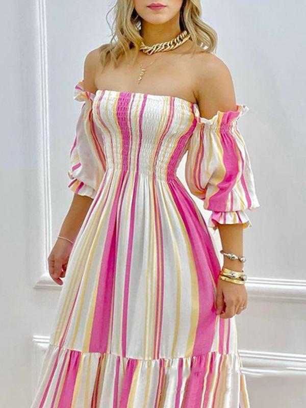 A-Line High Waisted Contrast Color Pleated Split-Joint Off-The-Shoulder Maxi Dresses Product Image