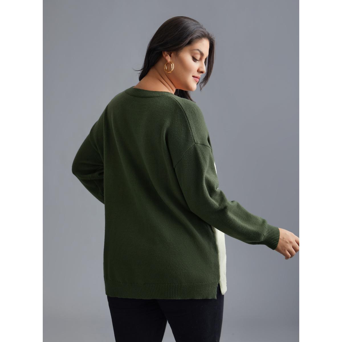 Plus Size Cat Contrast Drop Shoulder Pullover ArmyGreen Women Playful Loose Long Sleeve Round Neck Casual Pullovers BloomChic 12/L Product Image