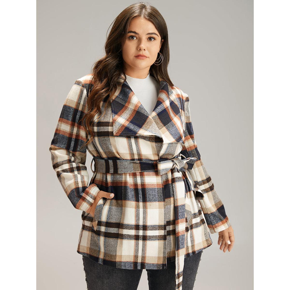 Plus Size Plaid Belted Lapel Collar Pocket Coat Women Tan Casual Belted Ladies Dailywear Winter Coats BloomChic 28/5X Product Image