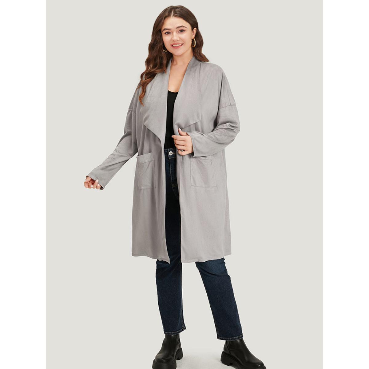 Plus Size Solid Lapel Collar Patched Pocket Faux Suede Coat Women DarkGray Casual Plain Ladies Dailywear Winter Coats BloomChic 14-16/1X Product Image