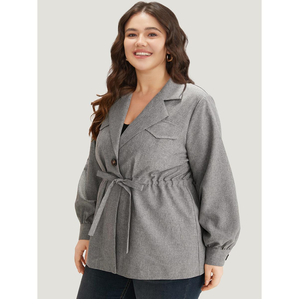 Plus Size Plain Pocket Drawstring Button Up Suit Collar Coat Women DimGray Casual Plain Ladies Dailywear Winter Coats BloomChic 26/4X Product Image