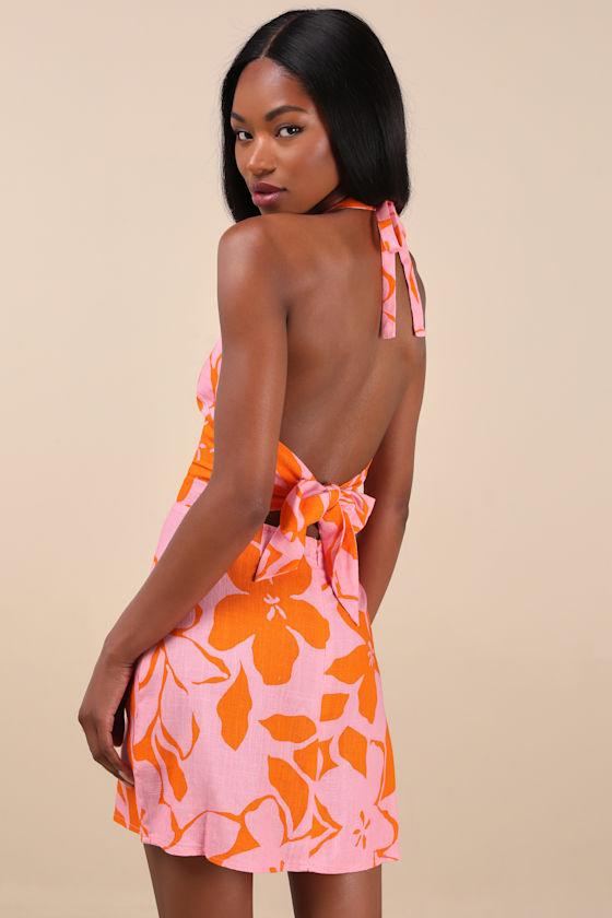 Bora Bora Pink and Orange Floral Linen Halter Mini Dress Product Image