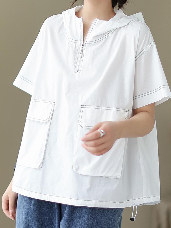 Loose Short Sleeves Zipper Hooded T-Shirts Tops Product Image