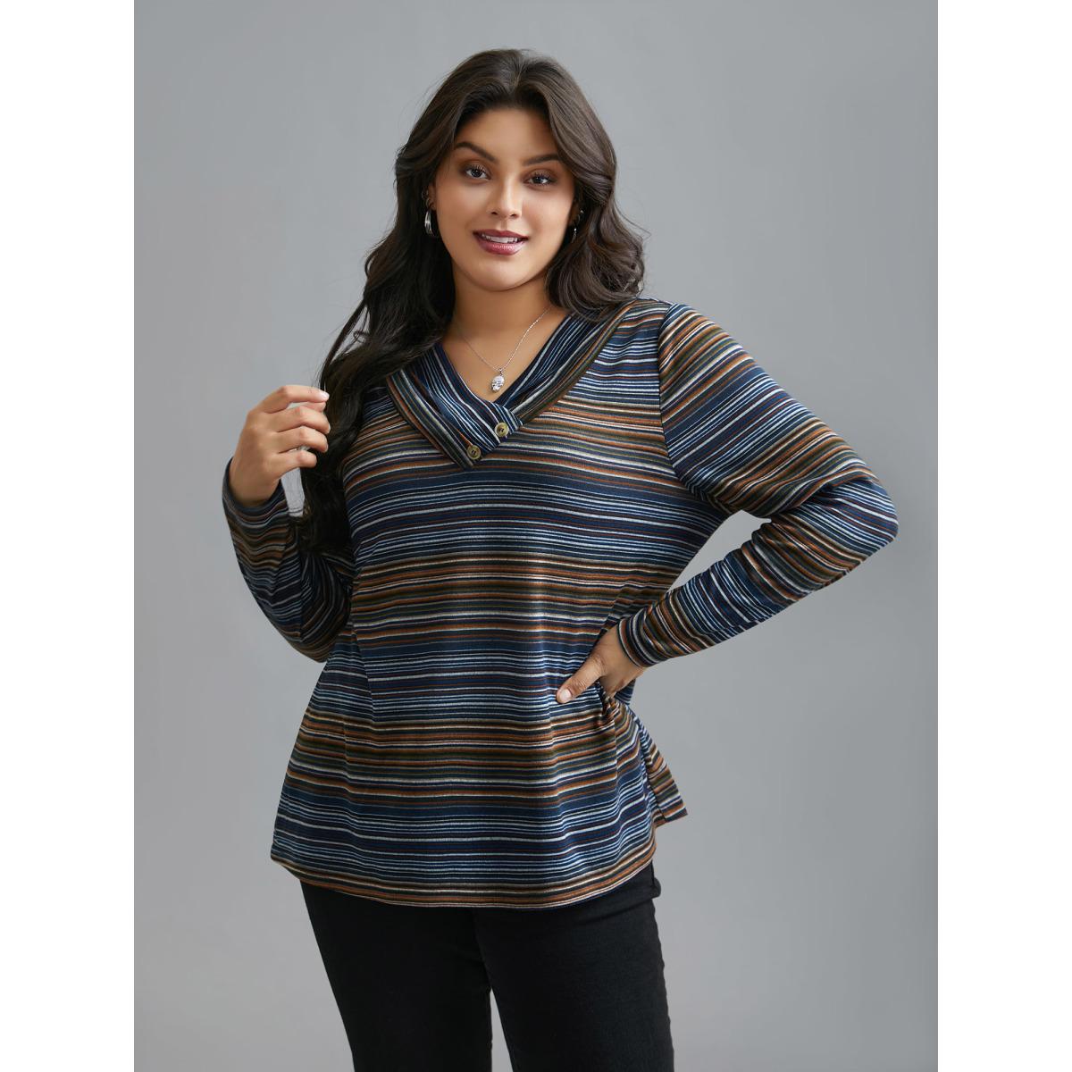 Plus Size V Neck Multi-Color Stripes Slim-Fit T-Shirt Indigo Women Casual Button Asymmetrical Neck Everyday T-shirts BloomChic 14-16/1X Product Image