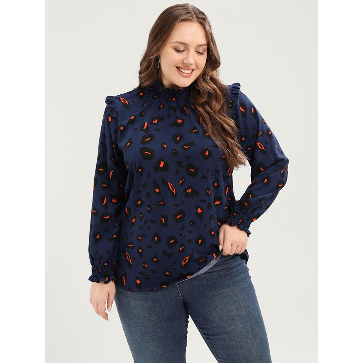 Plus Size DarkBlue Allover Print Ruffle Trim Lantern Sleeve Shirred Blouse Women Elegant Long Sleeve Mock Neck Dailywear Blouses BloomChic 30/6X Product Image