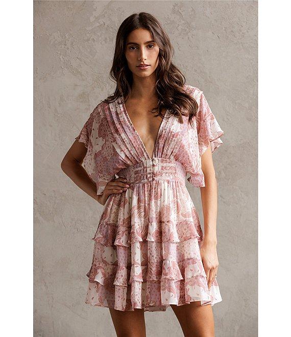 Storia Floral Patch Print Deep V-Neck Flutter Sleeve Open Back Tiered Ruffle Dress Product Image
