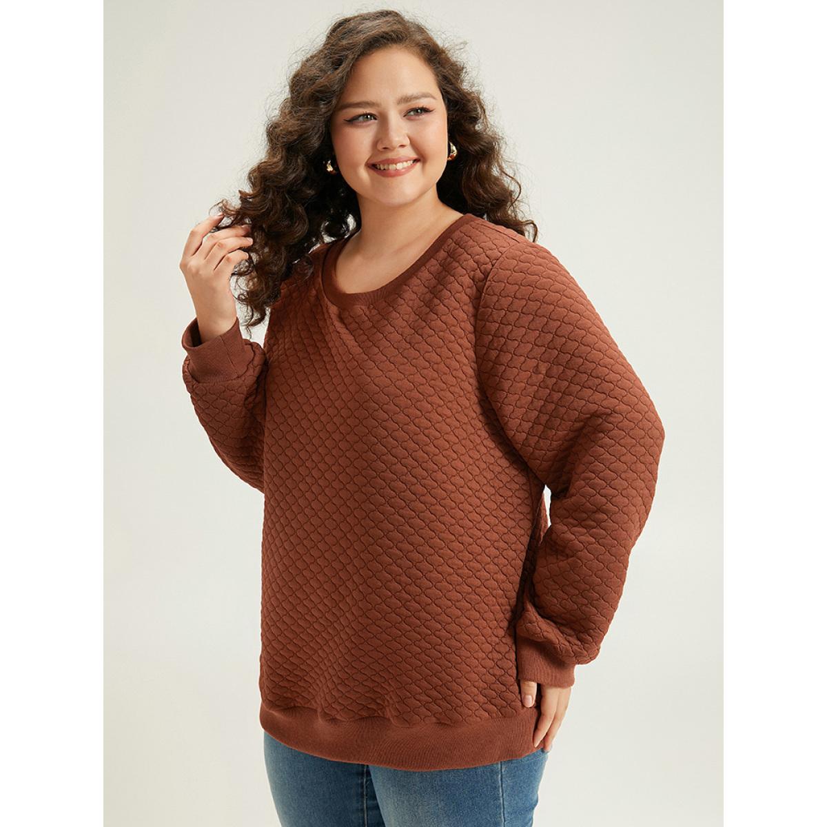 Plus Size Plain Texture Round Neck Sweatshirt Women Chocolate Elegant Elastic cuffs Round Neck Dailywear Sweatshirts BloomChic 22-24/3X Product Image