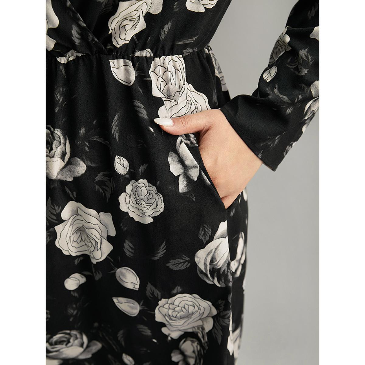 Plus Size Floral Print Pocket Elastic Waist Wrap Dress Black Women At the Office Wrap Overlap Collar Long Sleeve Curvy Midi Dress BloomChic 12/L Product Image
