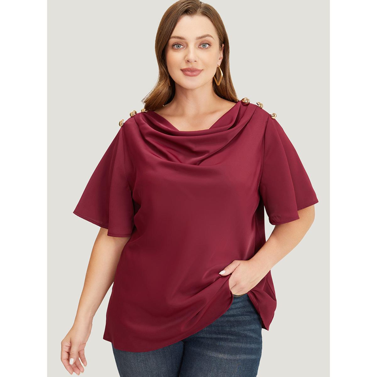 Plus Size Scarlet Plain Cowl Neck Button Detail Flutter Sleeve Blouse Women Office Short sleeve Cowl Neck Office Blouses BloomChic 12/L Product Image