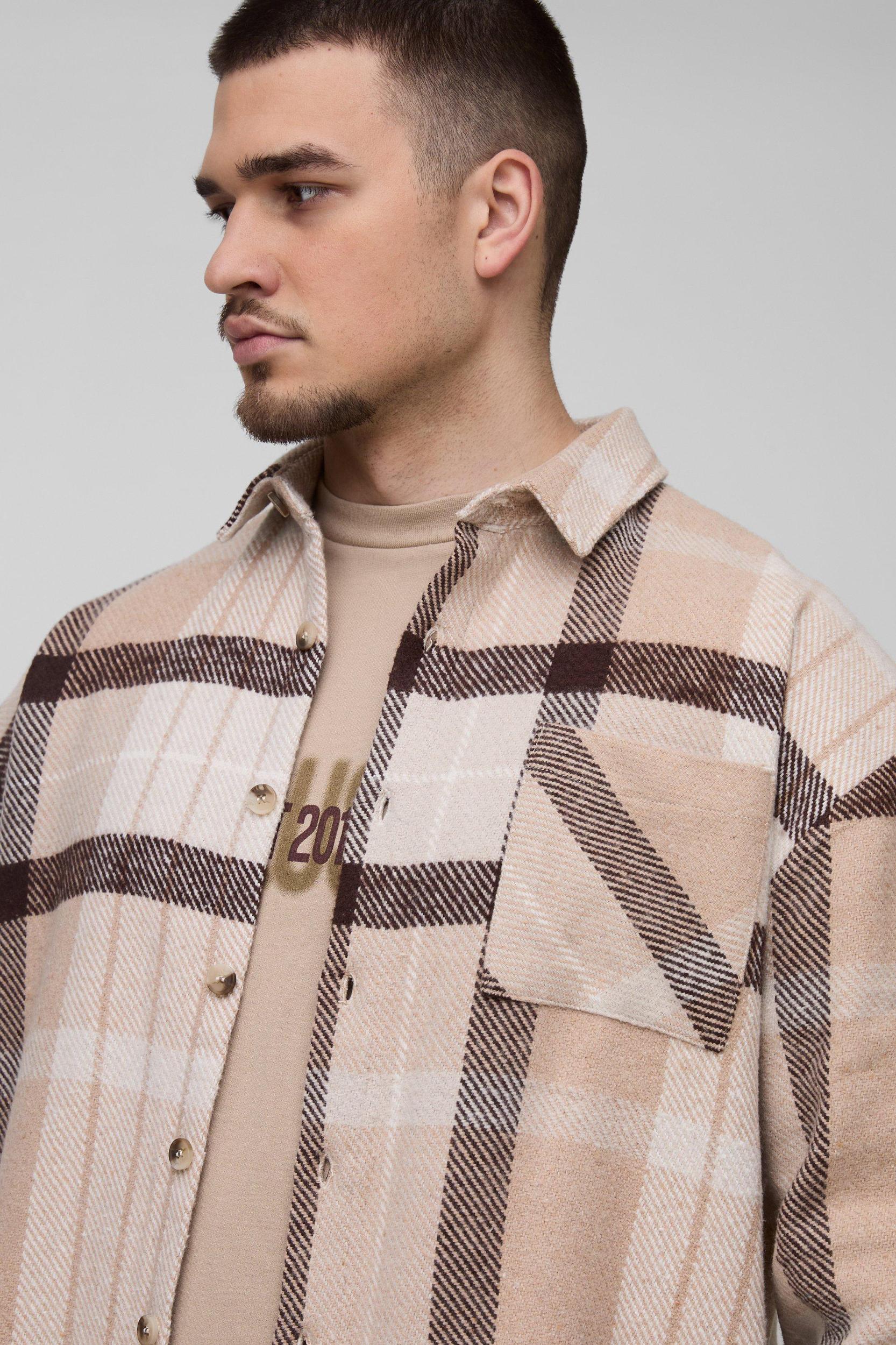 Tall Boxy Split Hem Brushed Flannel Shirt Jacket | boohooMAN USA Product Image