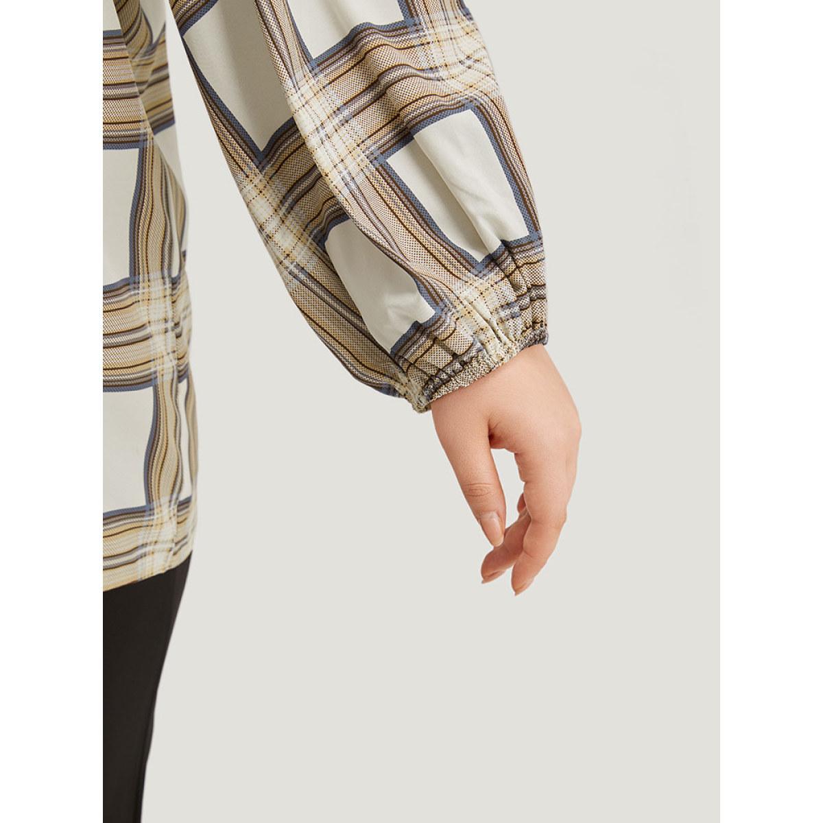 Plus Size Tan Plaid Shirred Notched Button Up Blouse Women Work From Home Long Sleeve V-neck Office Blouses BloomChic 28/5X Product Image