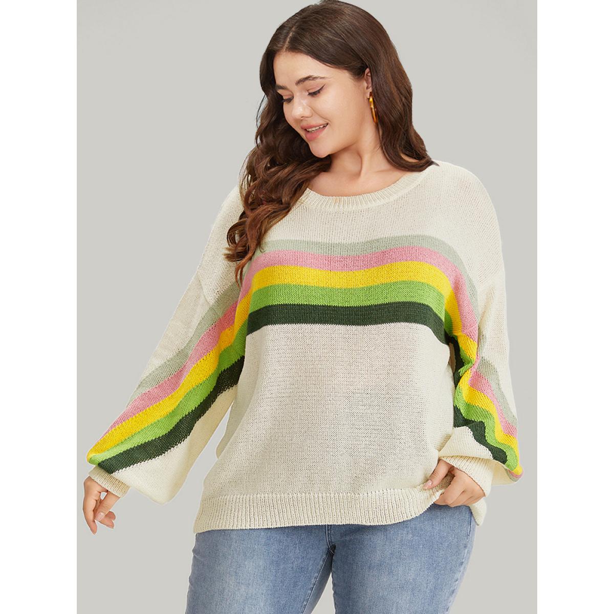Plus Size Rainbow Lantern Sleeve Drop Shoulder Elastic Cuffs Pullover Beige Women Casual Loose Long Sleeve Round Neck Dailywear Pullovers BloomChic 28/5X Product Image