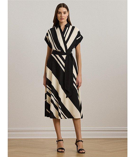 Lauren Ralph Lauren Crepe Striped Spread Collar Short Sleeve Belted A-Line Midi Dress Product Image
