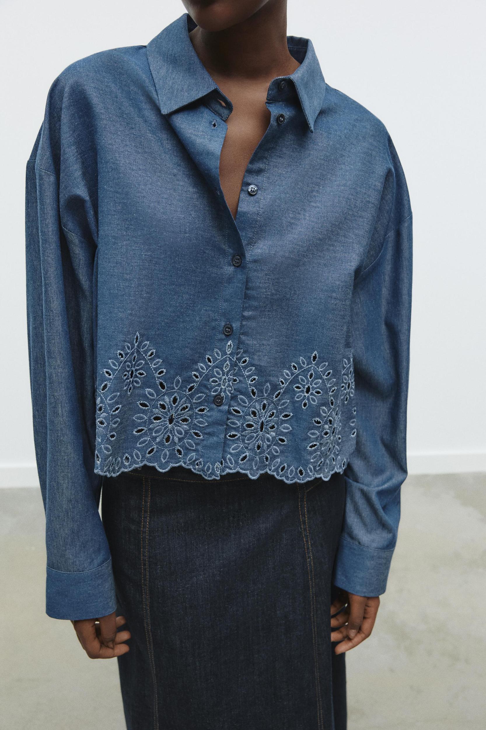 EMBROIDERED EYELET CROPPED SHIRT Product Image