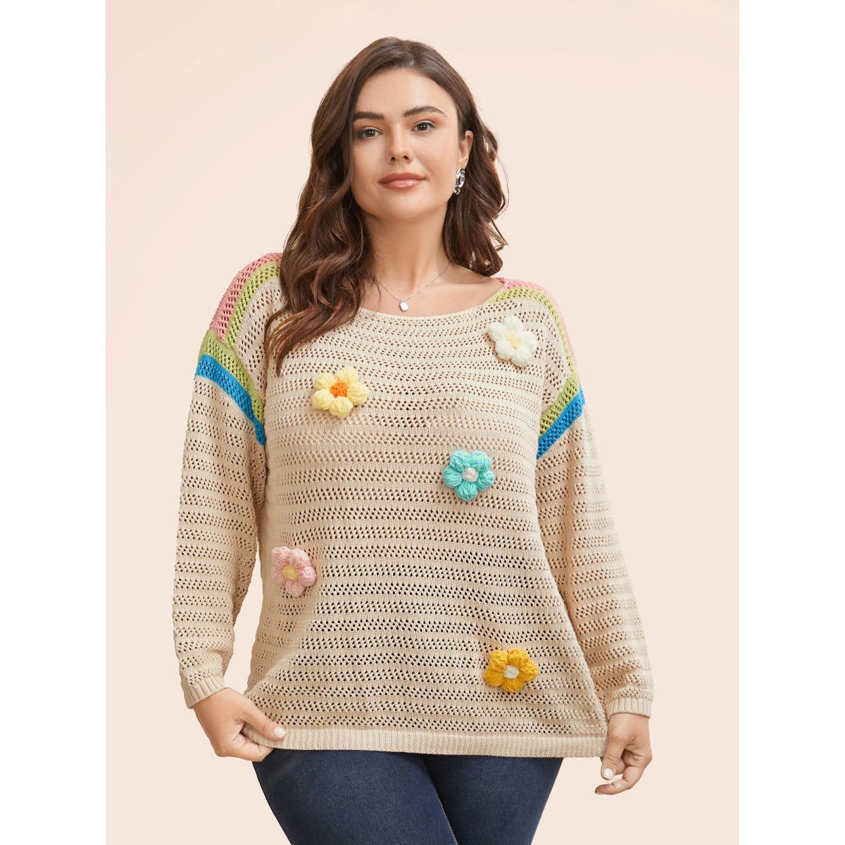 Plus Size Colored Stereo Flower Design Pullover Beige Women Casual Three Quarter Length Sleeve Boat Neck Everyday Pullovers BloomChic 26/4X Product Image