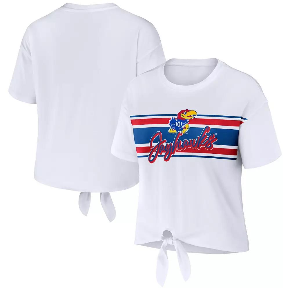 Women's WEAR by Erin Andrews White Kansas Jayhawks Striped Front Knot Cropped T-Shirt,  Product Image