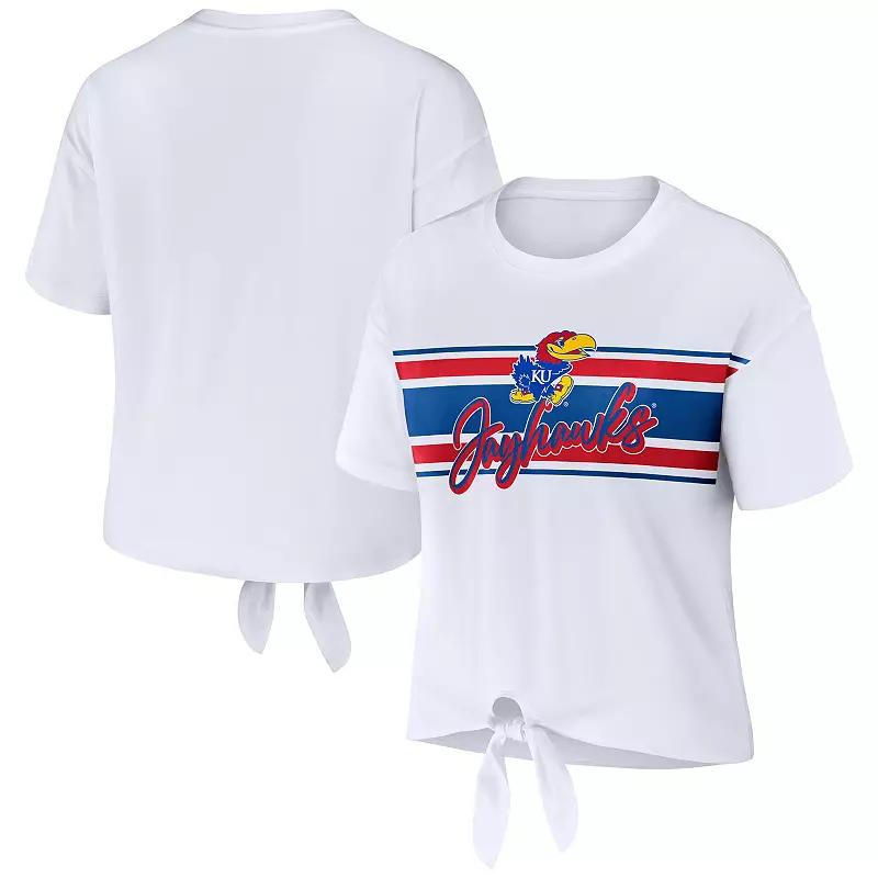 Women's WEAR by Erin Andrews White Kansas Jayhawks Striped Front Knot Cropped T-Shirt,  Product Image
