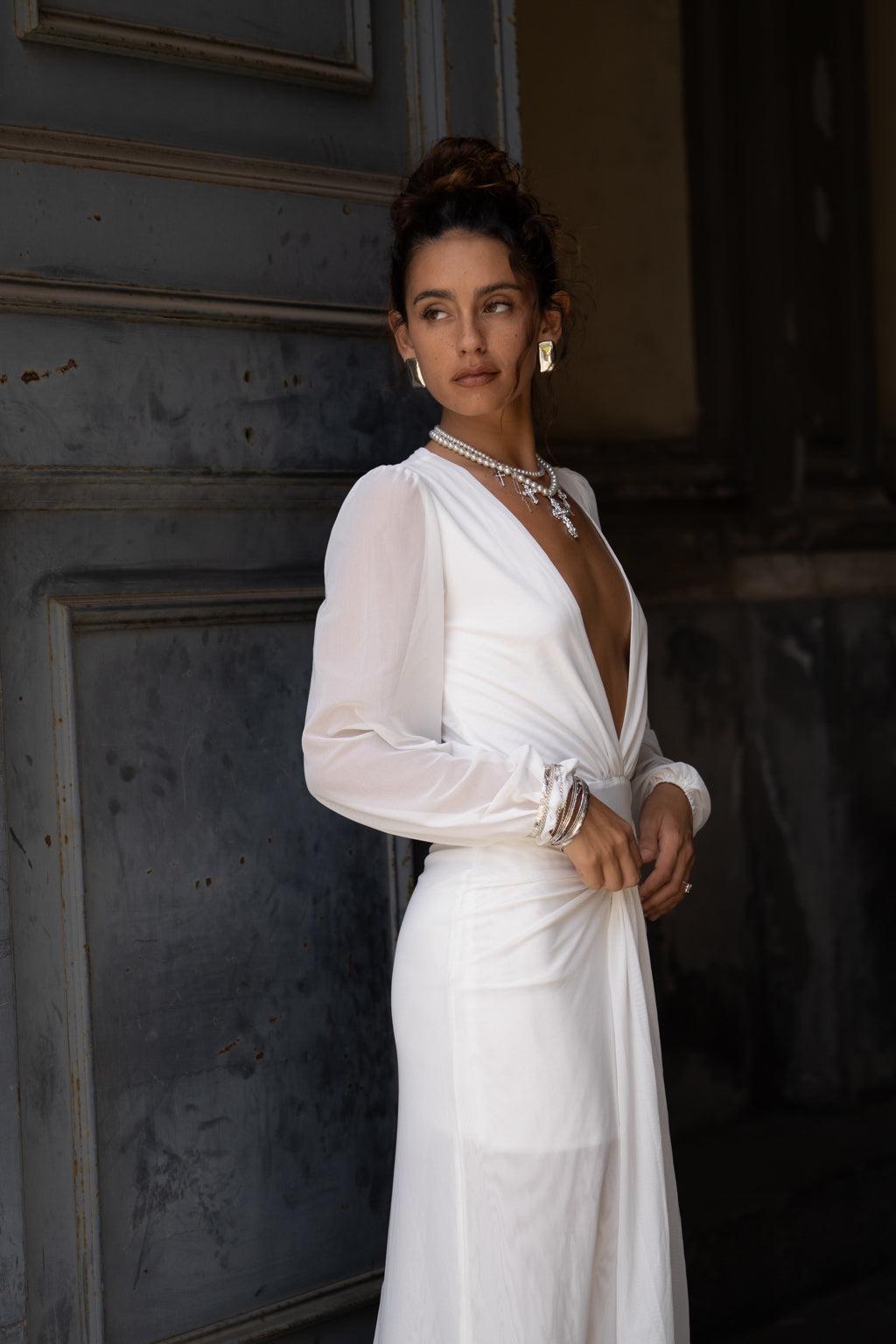 Bella White Mesh Plunge Maxi Dress Product Image