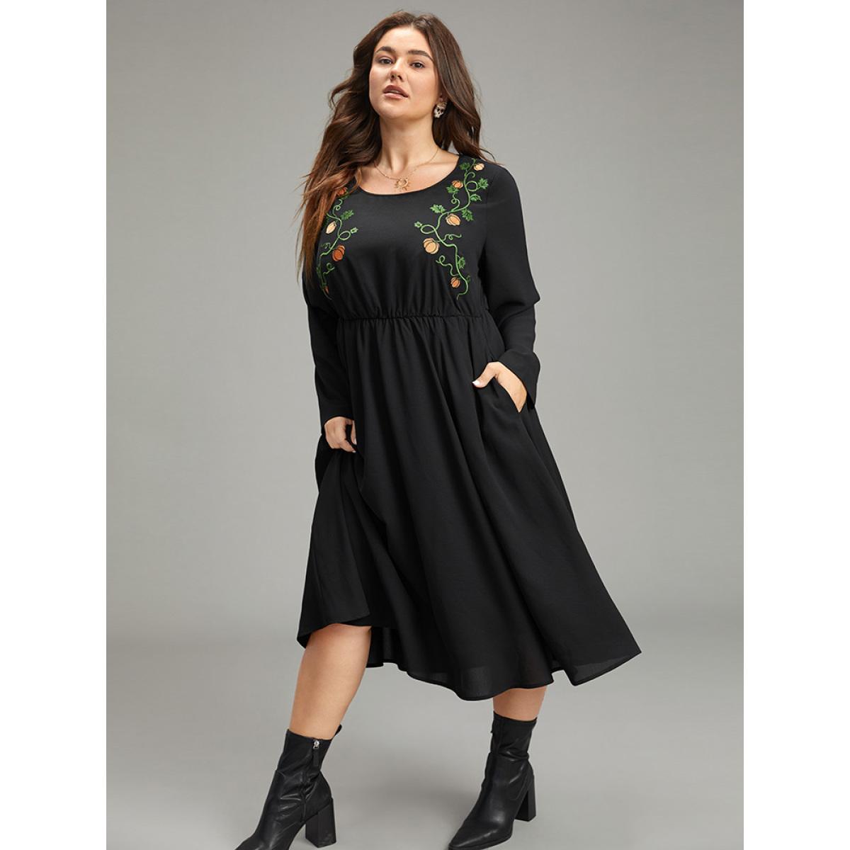 Plus Size Halloween Pumpkin Embroidered Pocket Dress Black Women Casual Embroidered Round Neck Long Sleeve Curvy Midi Dress BloomChic 14-16/1X Product Image