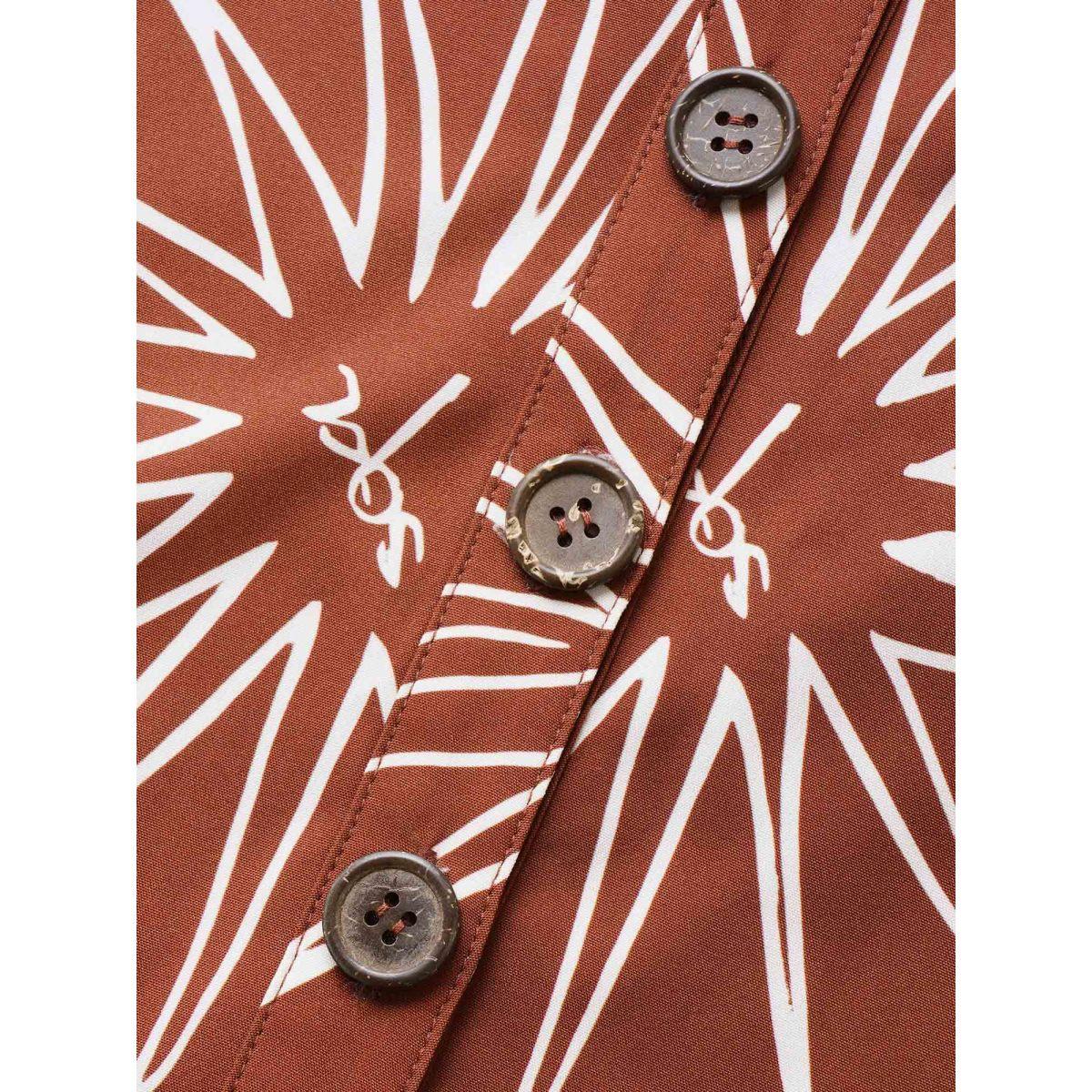 Plus Size Maroon Sun Print Gathered Button Up Jumpsuit Women Resort Half Sleeve Flat collar with V-notch Vacation Loose Jumpsuits BloomChic 26/4X Product Image