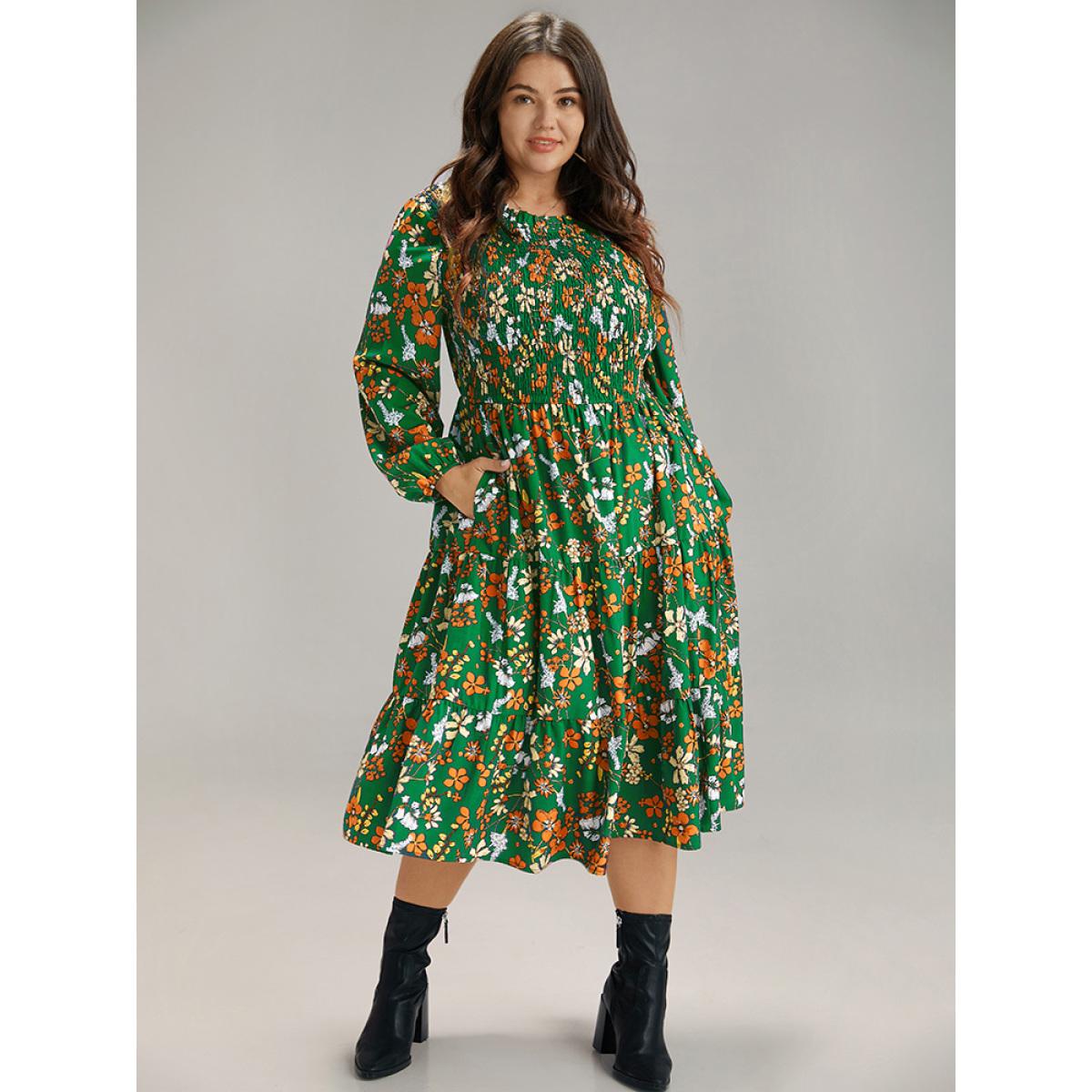 Plus Size Floral Print Keyhole Shirred Dress Green Women Elegant Elastic cuffs Mock Neck Long Sleeve Curvy Midi Dress BloomChic 12/L Product Image