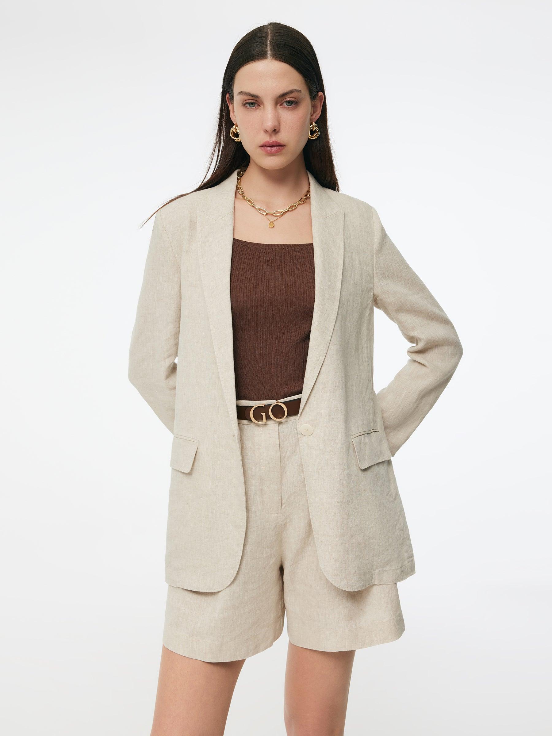 100% Linen Back Slit Women One Button Blazer Product Image