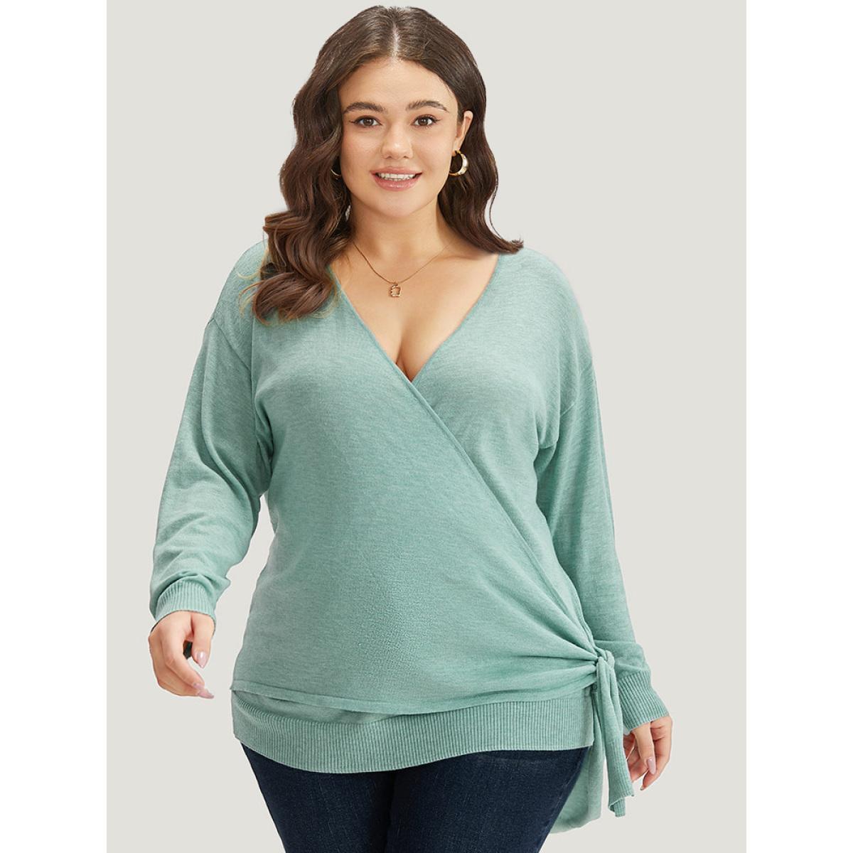 Plus Size Supersoft Essentials Plain Crossover Ties Elastic Cuffs Pullover Mint Women Casual Loose Long Sleeve V-neck Dailywear Pullovers BloomChic 28/5X Product Image