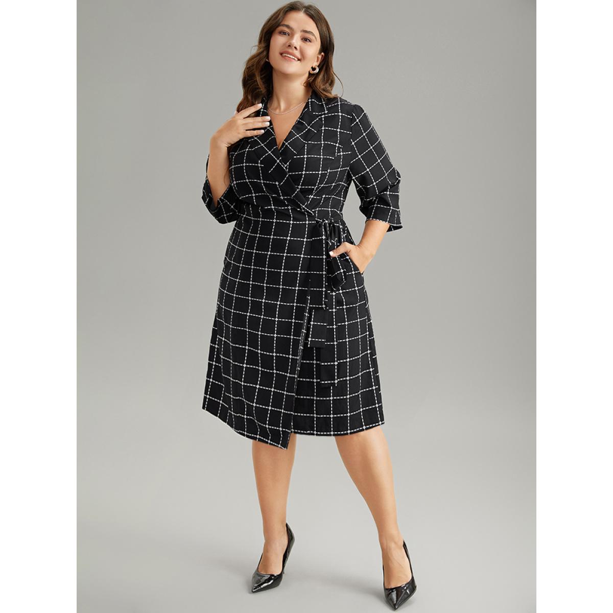 Plus Size Plaid Suit Collar Pocket Ties Wrap Dress Black Women Office Wrap Suit Collar Elbow-length sleeve Curvy Midi Dress BloomChic 18-20/2X Product Image