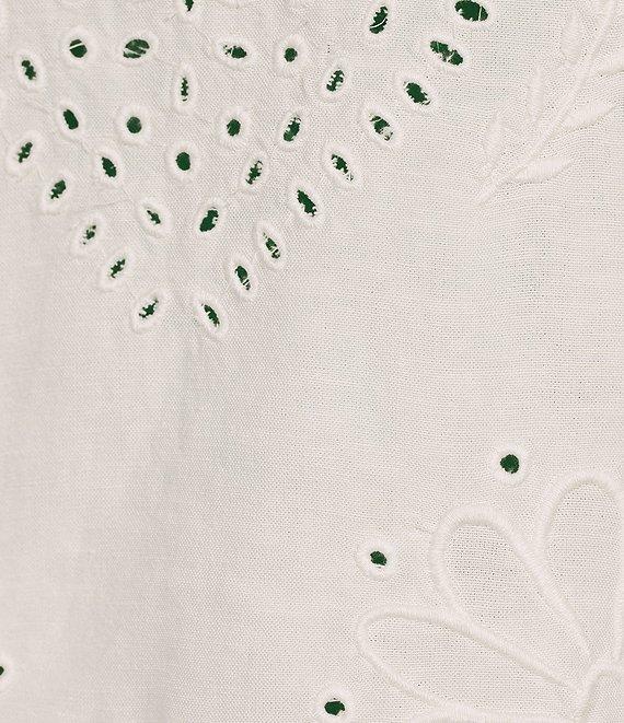 Charlie B. Eyelet Embriodered V-Neck Short Sleeve Scalloped Hem Tie Front Blouse Product Image