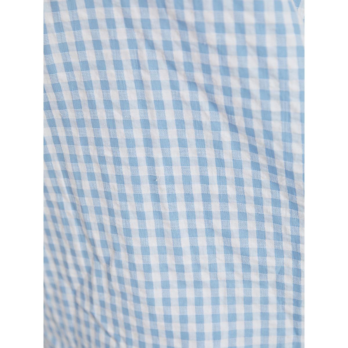 Plus Size LightBlue Gingham Print Square Neck Puff Sleeve Blouse Women Vacation Short sleeve Square Neck Dailywear Blouses BloomChic 10/M Product Image