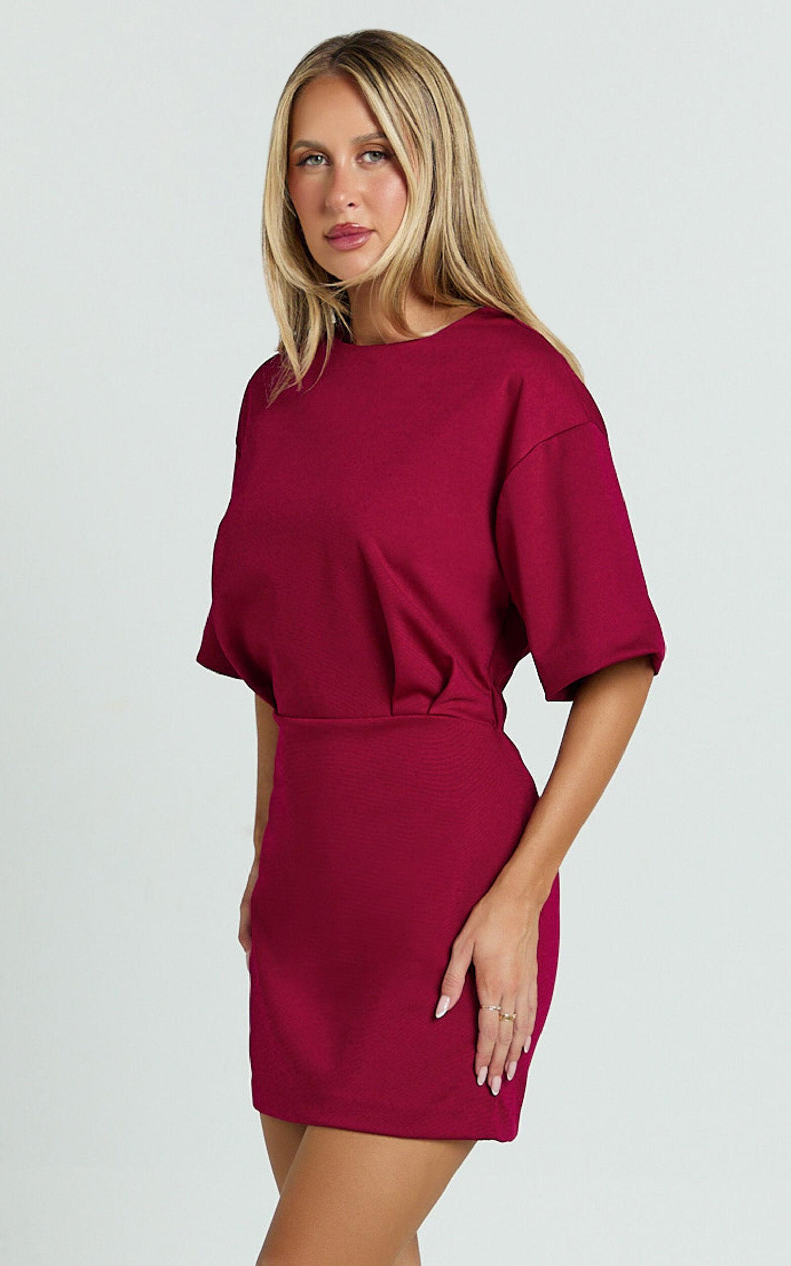 Karyna Mini Dress - Short Sleeve Boxy T-shirt Dress in Wine Product Image