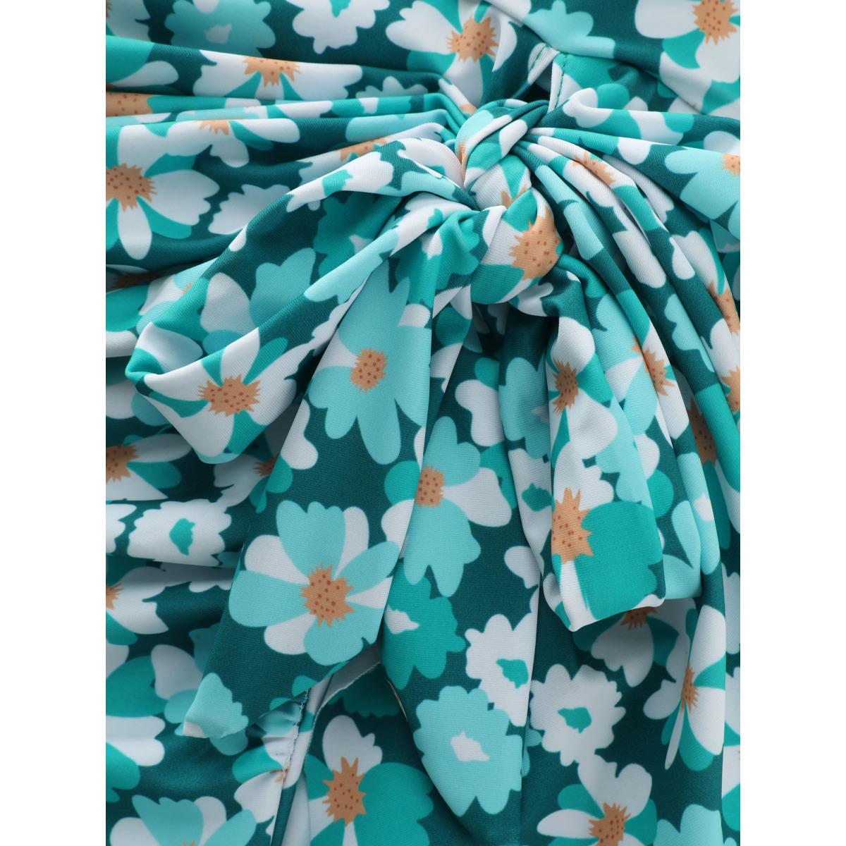 Plus Size Floral Print Knotted Tie Hem Swim Dress Women's Swimwear Teal Resort Bodycon Heart neckline High stretch Curve Swim Dresses BloomChic 12/L Product Image
